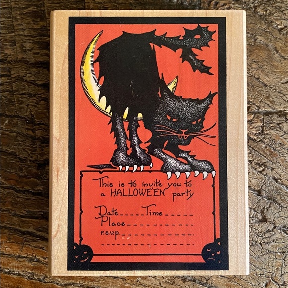 🌙🐈⬛Vintage🌙🐈⬛Halloween Party Invitation Wood Block Rubber Stamp - Picture 7 of 7